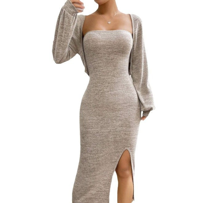 Fashionable Knitted Split Tube Top Suit