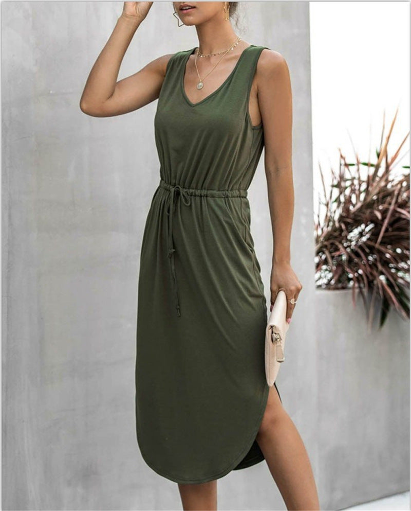 Cinched-waist Wide V-Neck Vest Dress