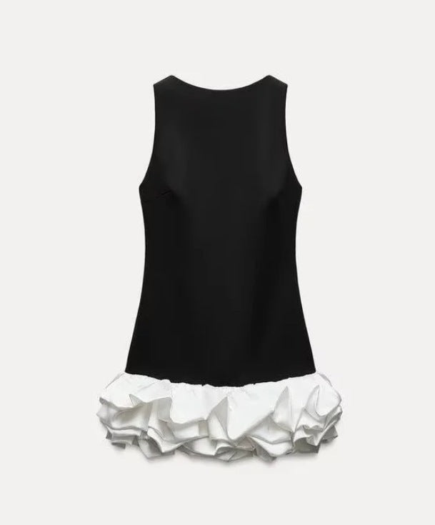 Round Neck White Short Frill Dress in Black, Red and White