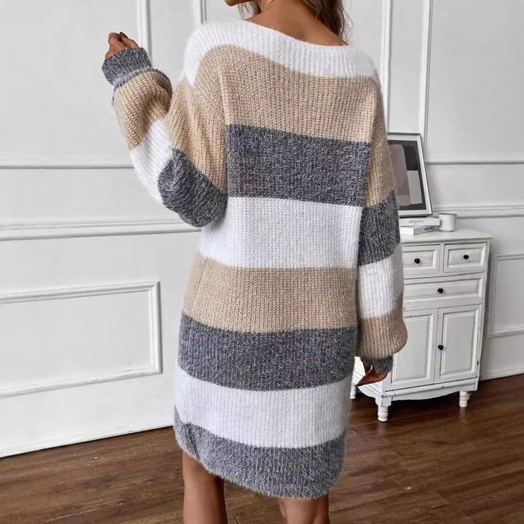 Versatile Contrast Color Striped Dress Sweater