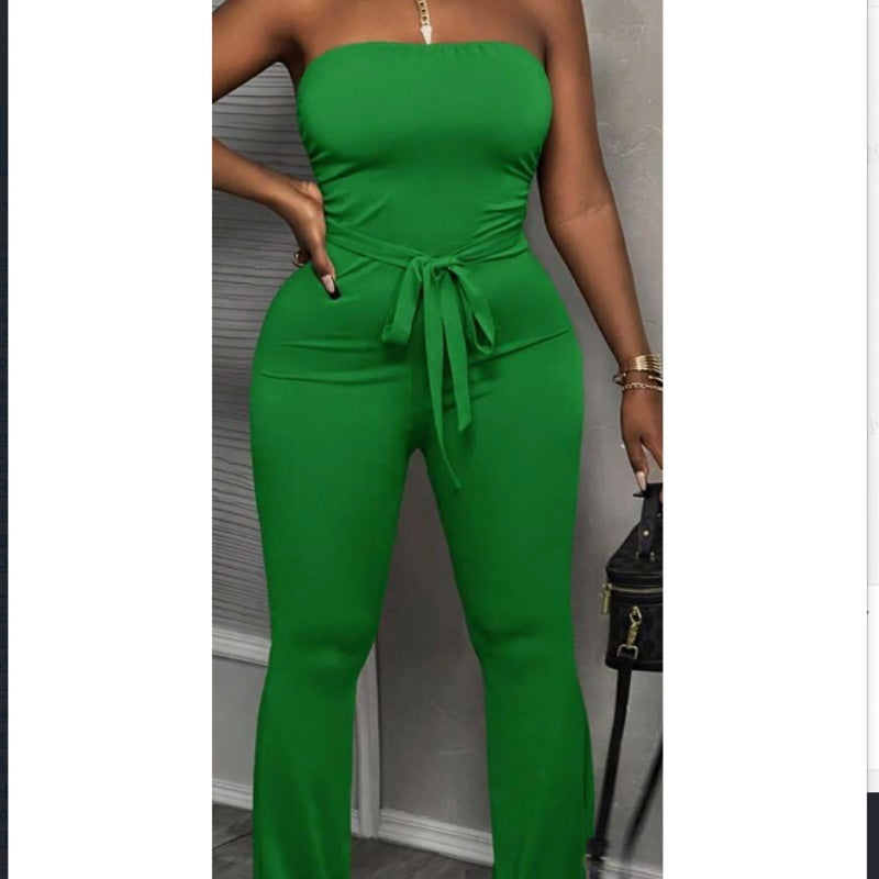 Casual Solid Strapless Jumpsuit With Wide Leg in Wine, Black or Green