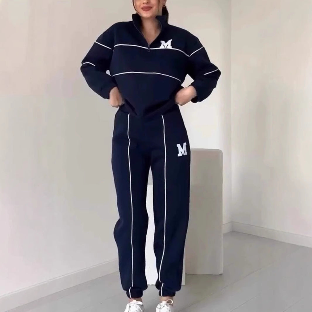 2 Piece Sweatsuit Outfit - Hoodless Pullover Sweatshirt and Baggy Fashion Sweatpants With Pockets