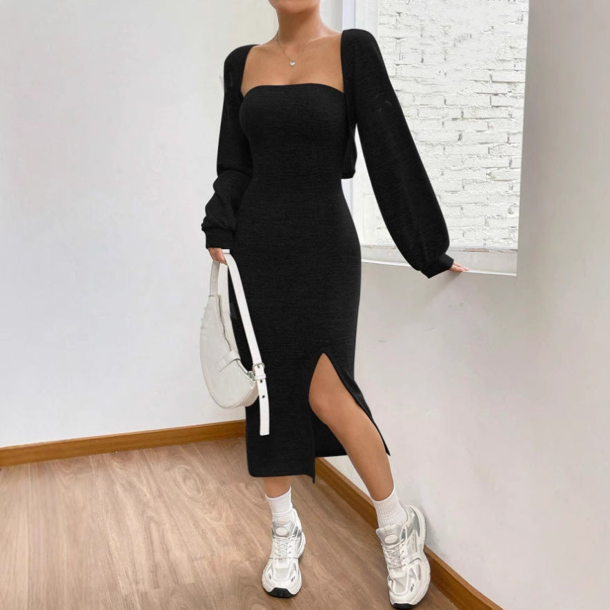 Fashionable Knitted Split Tube Top Suit