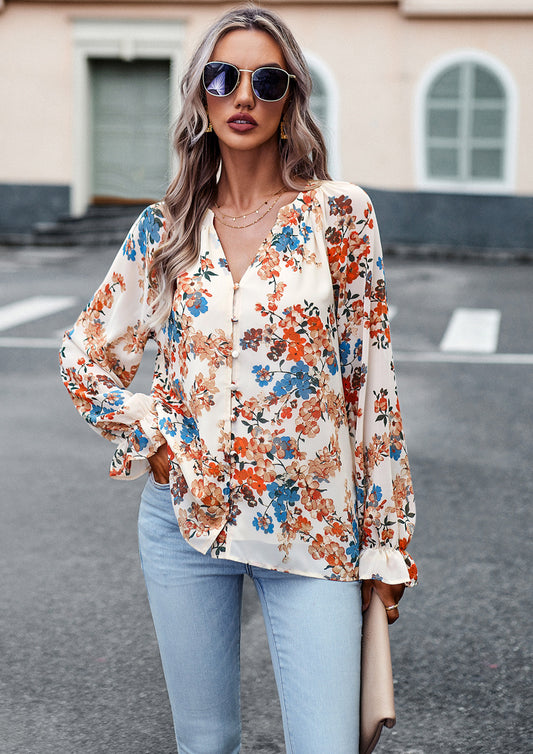 Women's Floral Print V-Neck Long Flounce Sleeve Loose Chiffon Blouse