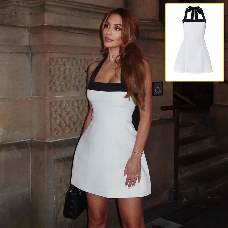 Black Halter Off Shoulder White Mini Dress