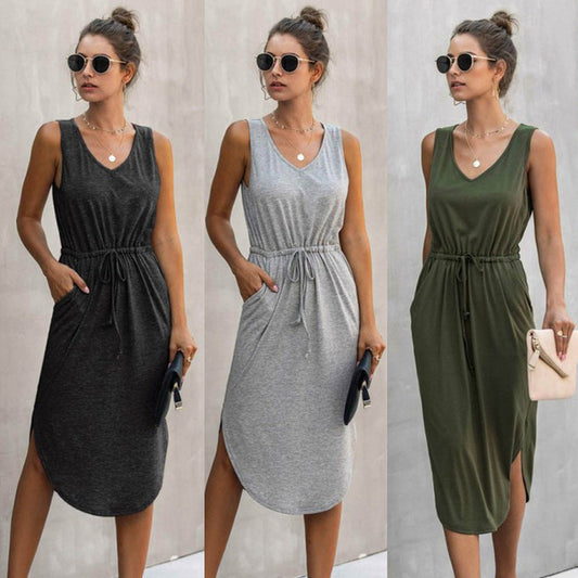 Cinched-waist Wide V-Neck Vest Dress