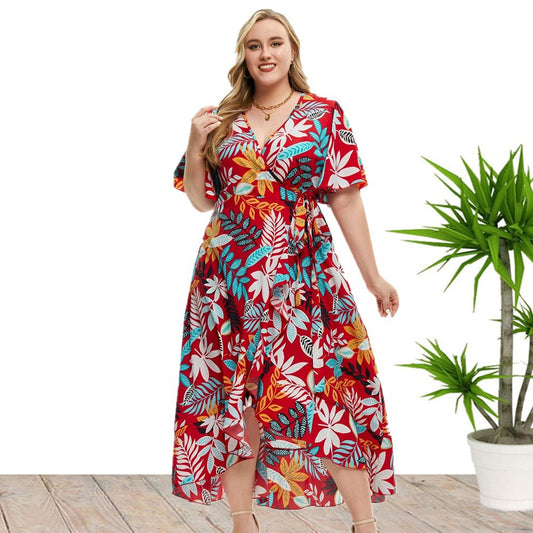 Short Sleeve Long V-Neck Dress with Large Leaf Print