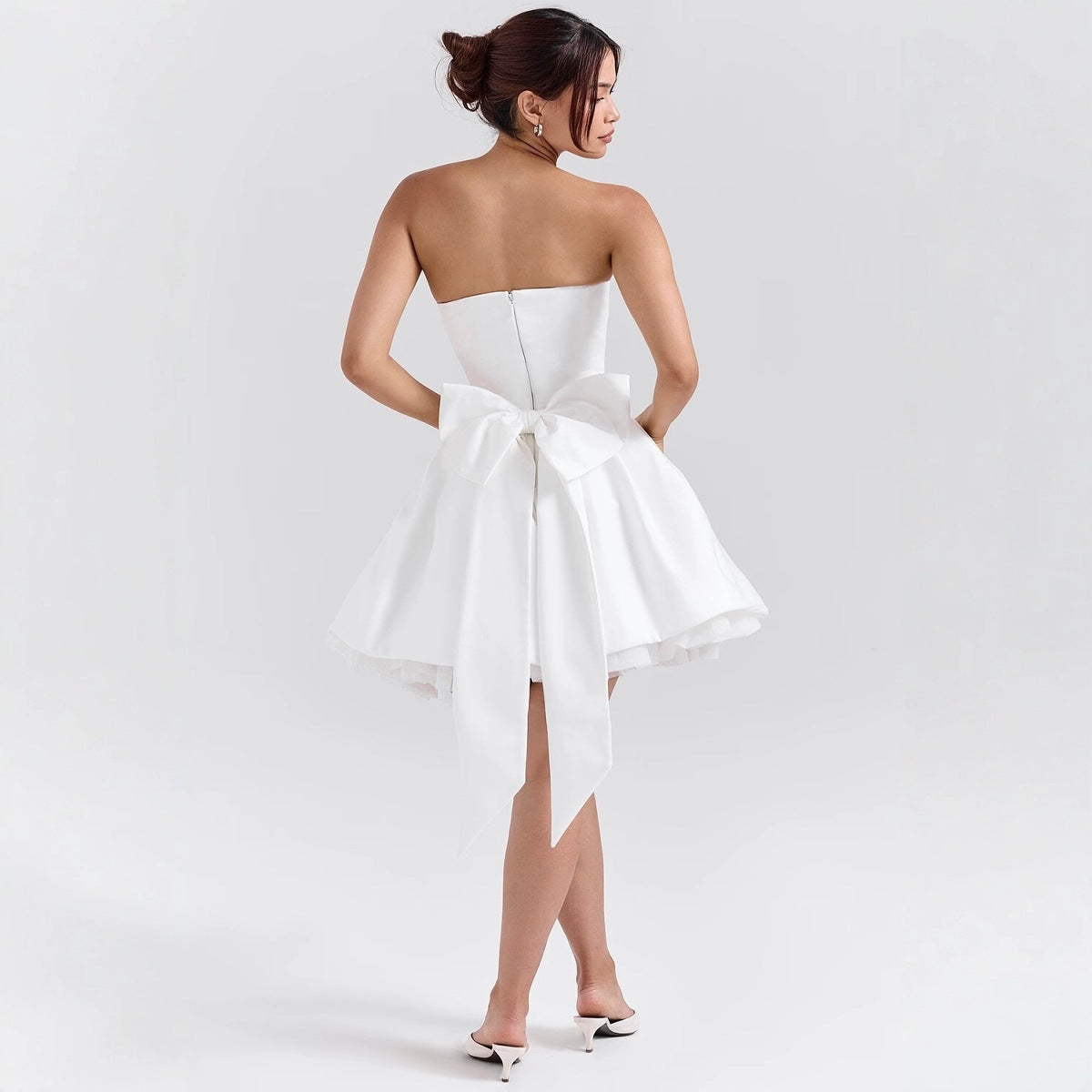 White Bow Swing Strapless Short Dress