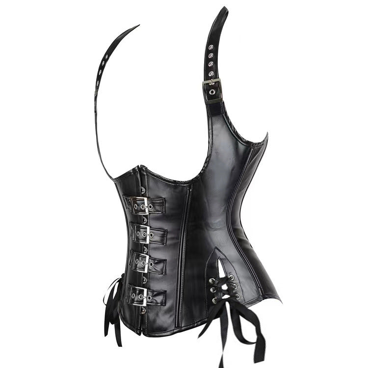 Halter Black Leather Retro Corset