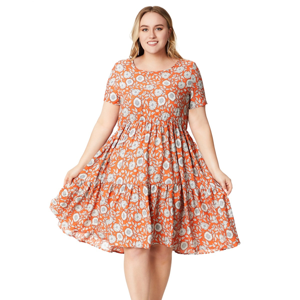 Short Sleeve Floral Printed Round Neck Dress