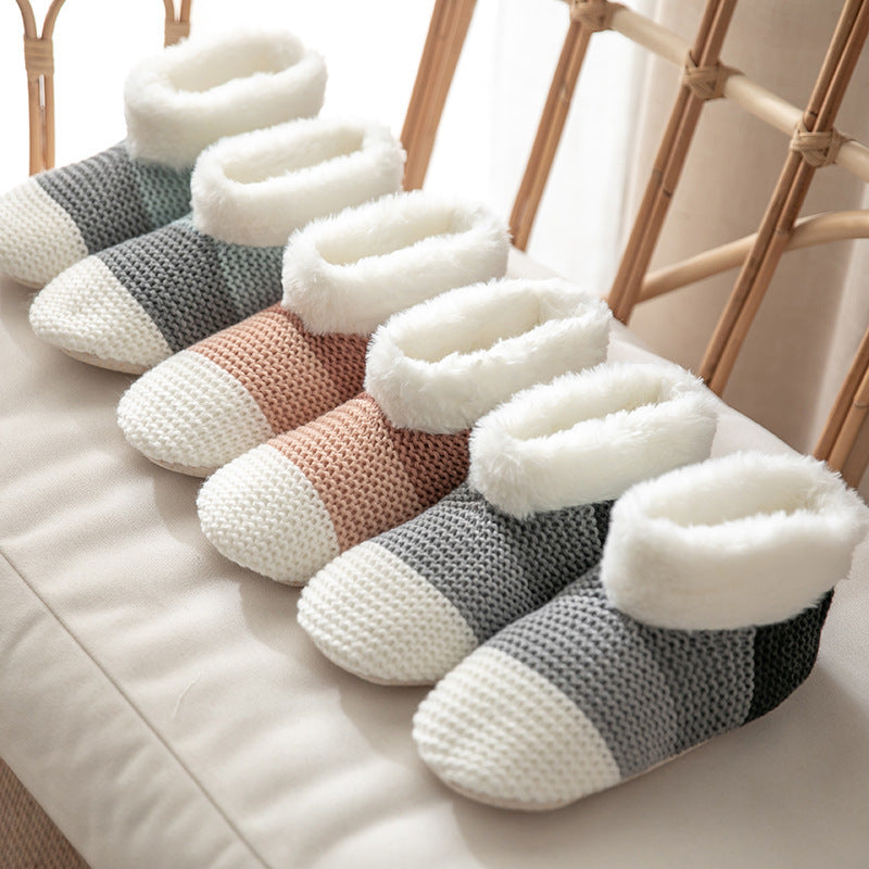 Home Indoor Warm Non-slip Color-matching Knitted Plush Floor Socks