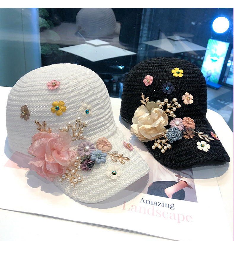 Women's Knitted Flower Rhinestone Handmade Applique Sunshade Cap