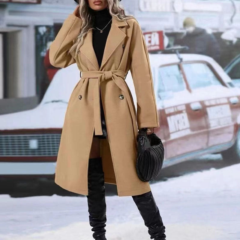 Solid Color Lapel Double-breasted Trench Coat With Belt