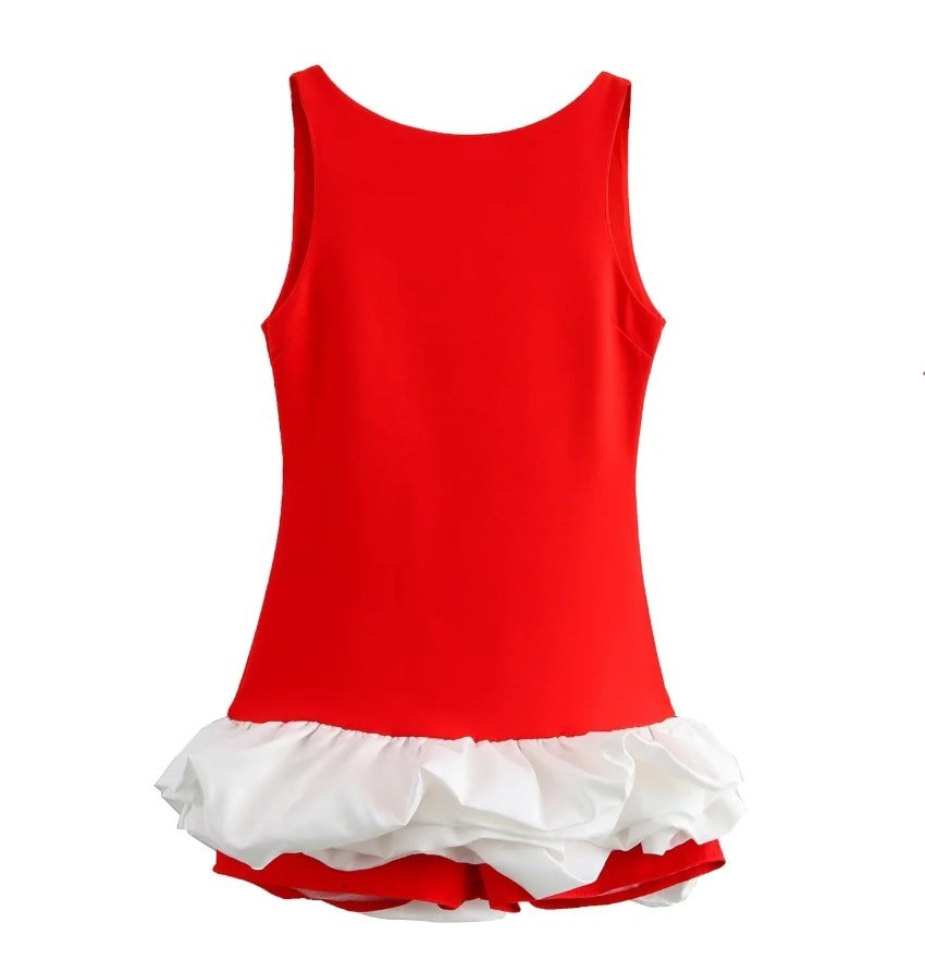 Round Neck White Short Frill Dress in Black, Red and White