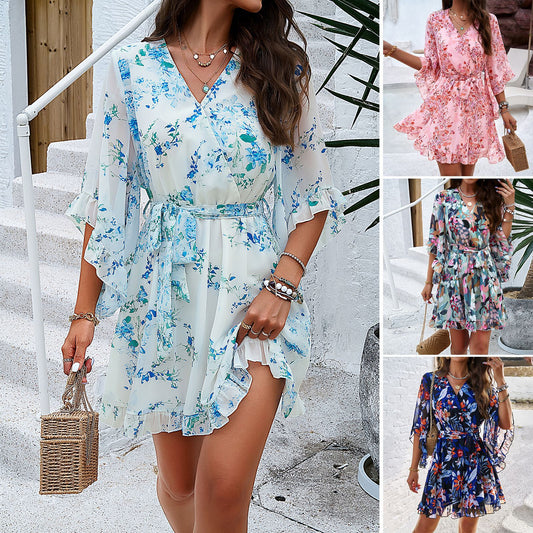 Floral Print V-neck Short Dress with Lace Up Ruffles Design
