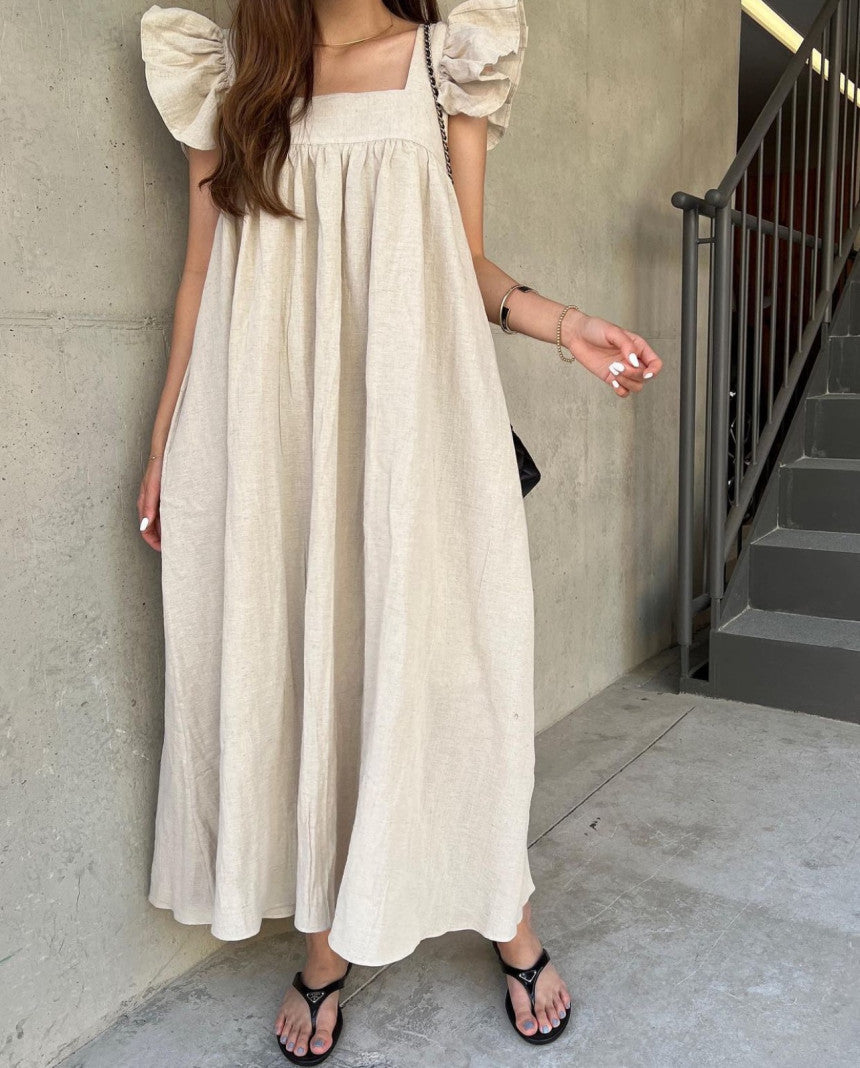 French Retro Square Collar Pleated High Waist Flying Sleeves Long Dress