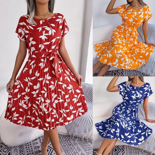 High-Waist Leaf Print Midi Dress with Short Sleeves and Pleated Skirt