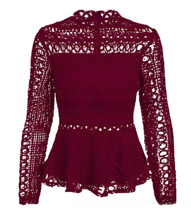 Crocheted Hollow Long Sleeve Lace Shirt