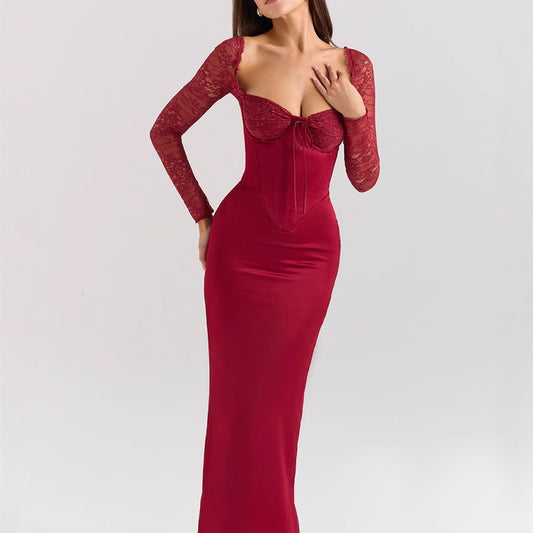 Red Wine Lace Stitching Tied Long Sleeves Dress