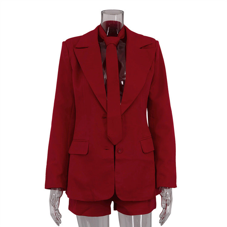 Red Necktie Suit with Short Dress Pants and Matching Coat, Two-piece Suit