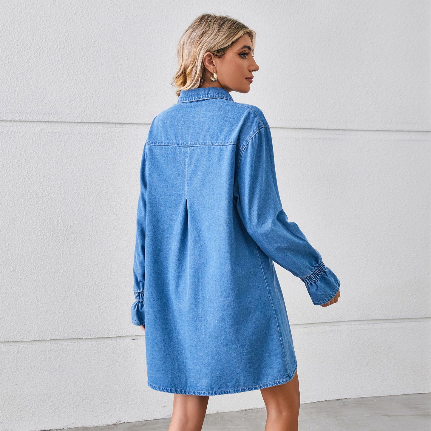 Loose Wash Denim Shirt Dress with long sleeves