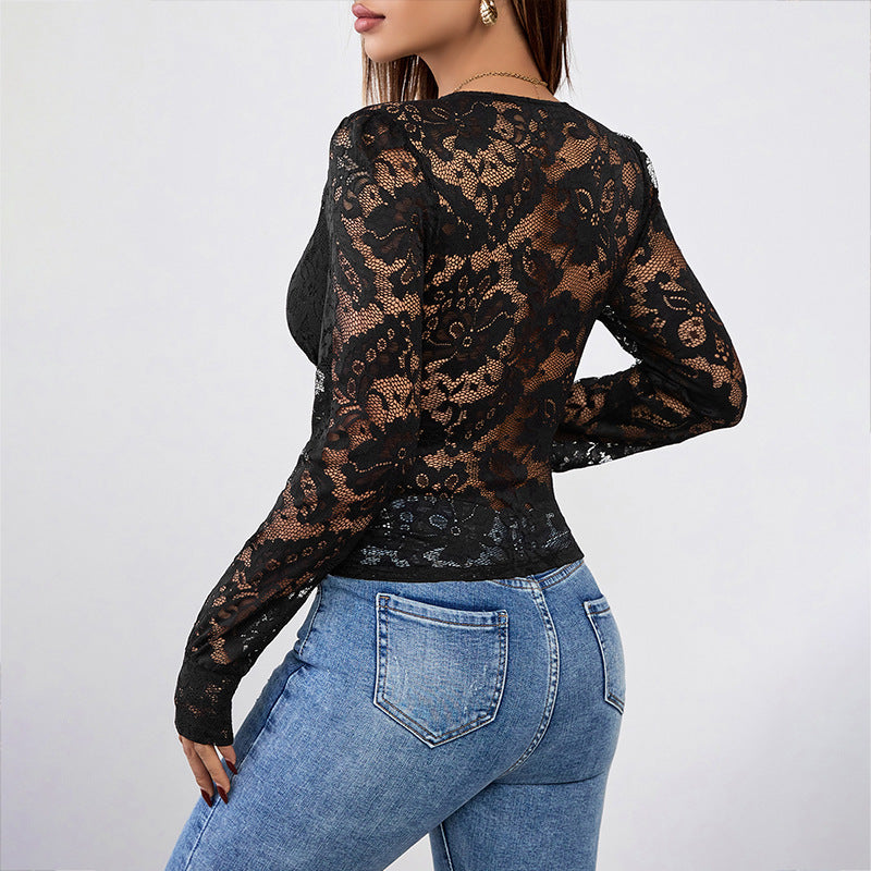 Lace Slim Fit Long Sleeve Patchwork V-neck Black Top