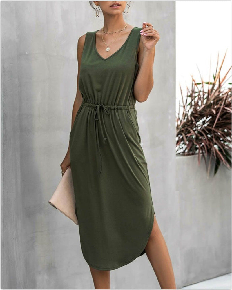 Cinched-waist Wide V-Neck Vest Dress