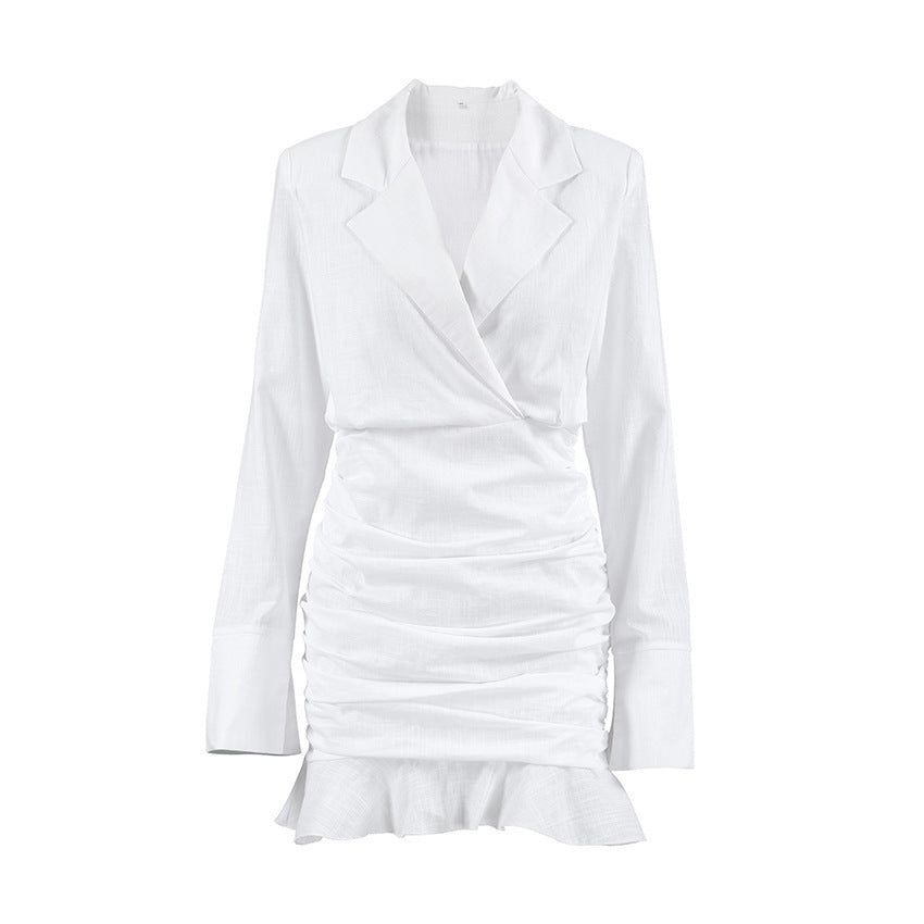 White Cotton And Linen Slim-fit Flounce Dress