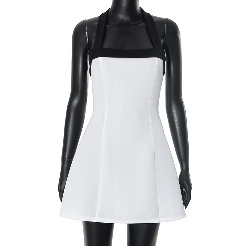 Black Halter Off Shoulder White Mini Dress