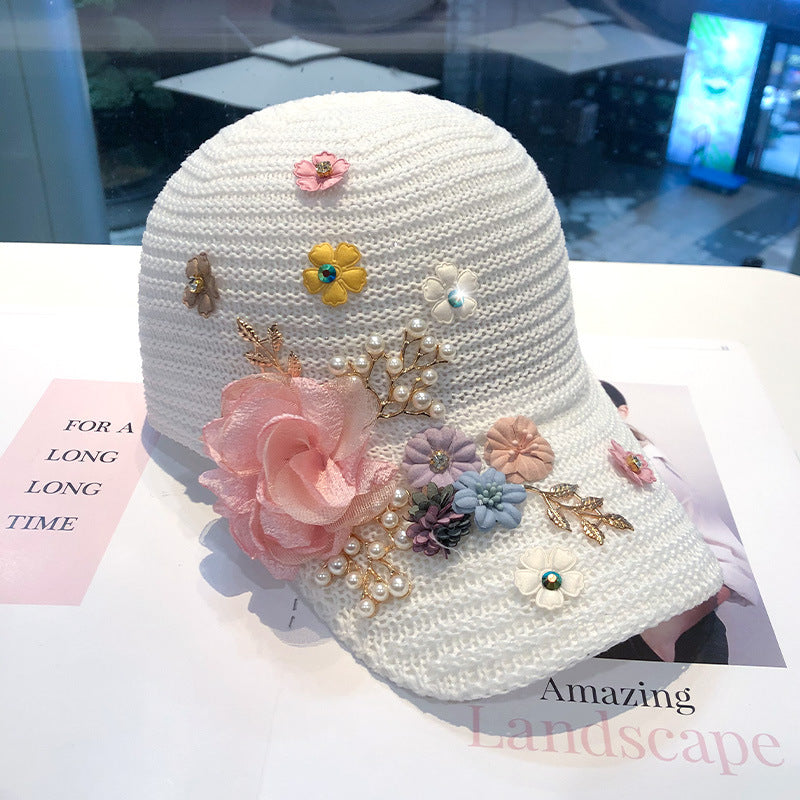 Women's Knitted Flower Rhinestone Handmade Applique Sunshade Cap