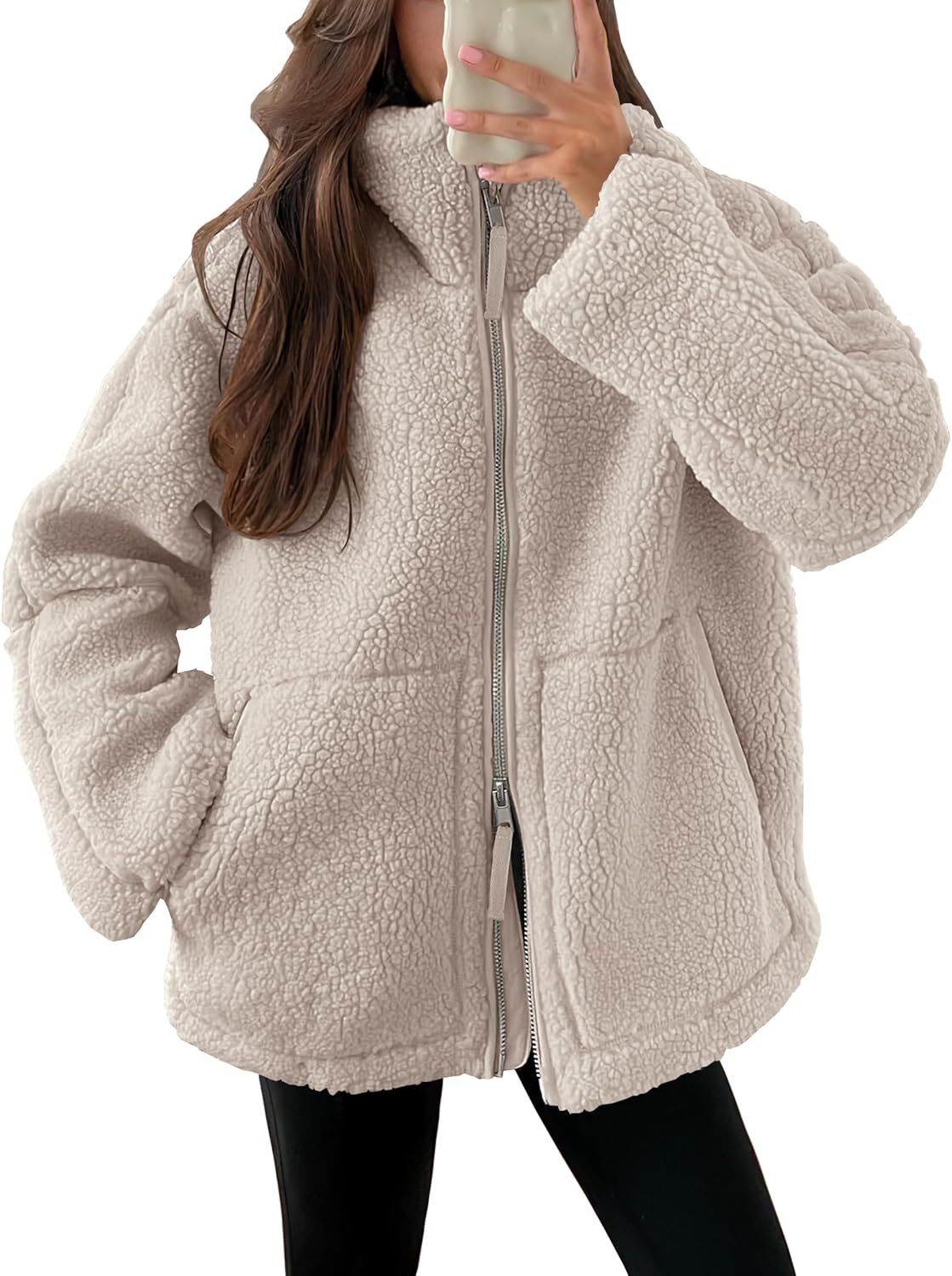 Solid Fleece Long-sleeve Winter Lapel Zip-up Coat With Pockets