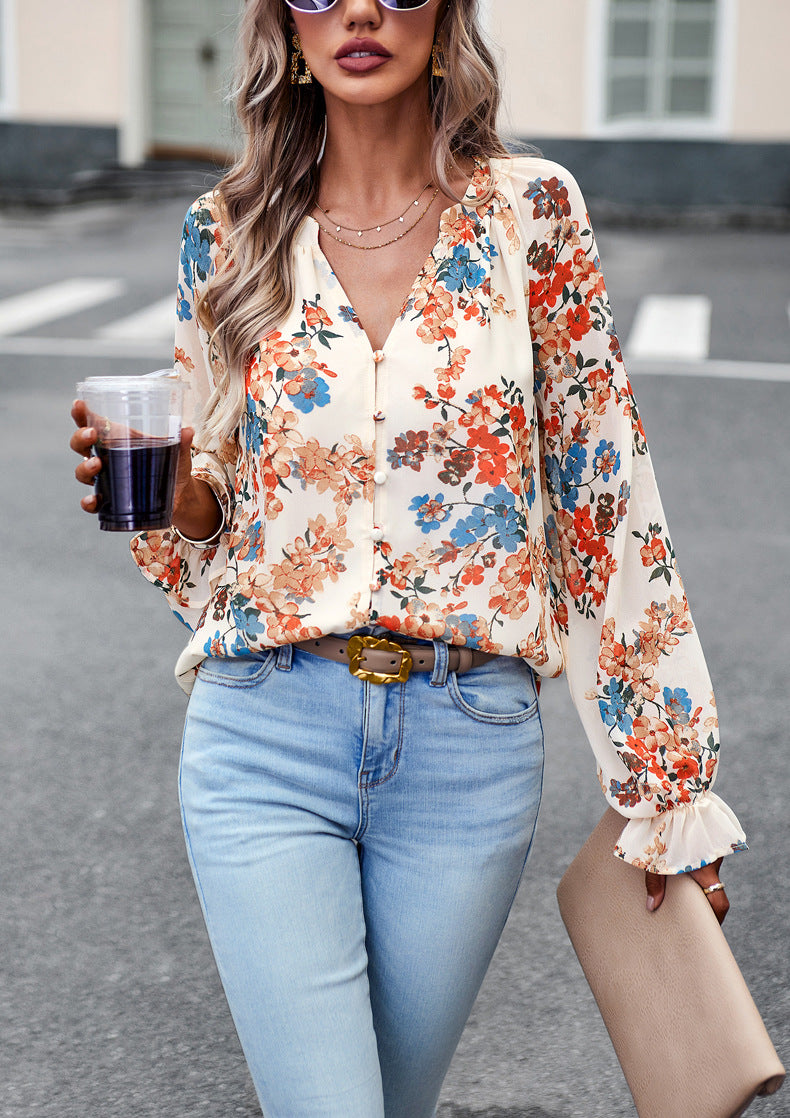 Women's Floral Print V-Neck Long Flounce Sleeve Loose Chiffon Blouse