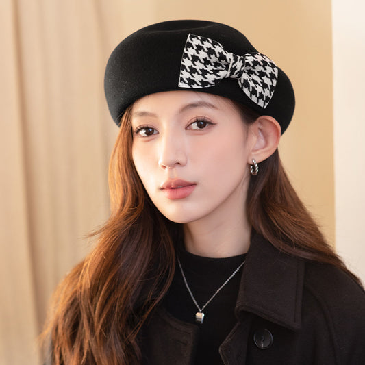 Women's Artist Cap/Beret All-matching Hat with Checkered Bow