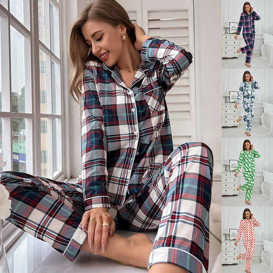 Long Sleeve Trousers Casual Red Cardigan Plaid Pajamas