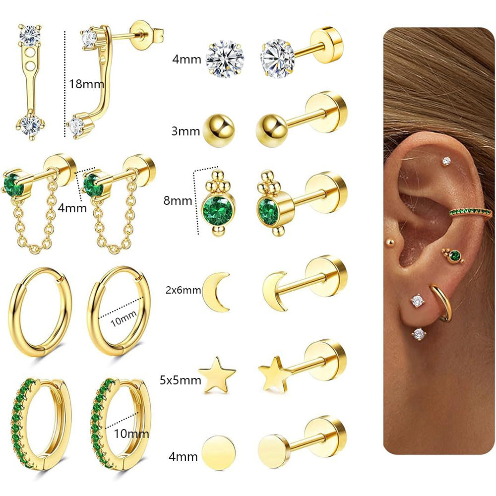 Ear Clip Earrings Real Gold Plating Green Zircon Five-pointed Star Personality