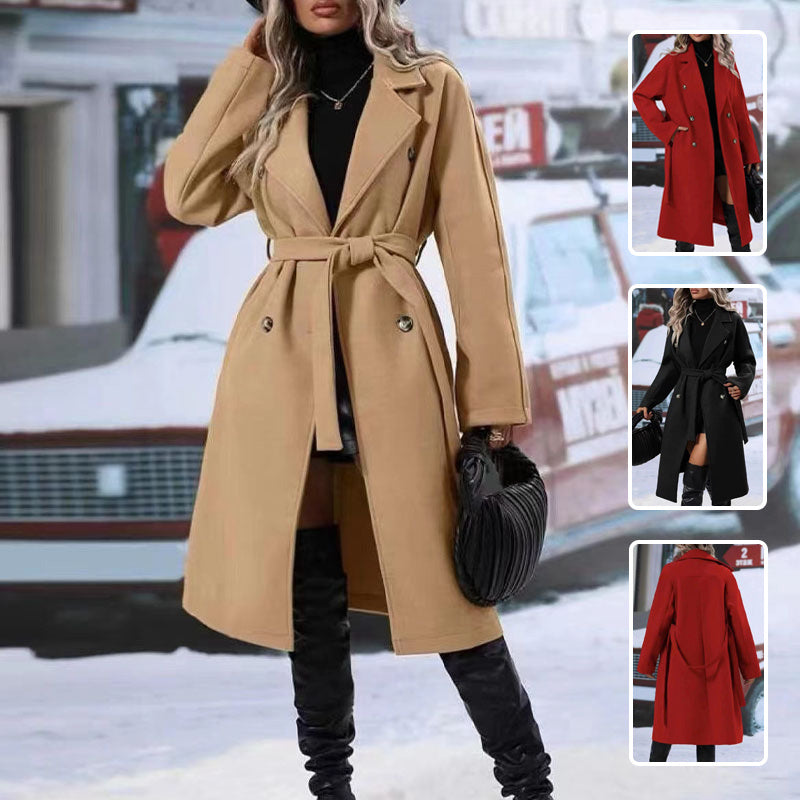 Solid Color Lapel Double-breasted Trench Coat With Belt