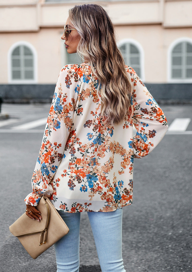 Women's Floral Print V-Neck Long Flounce Sleeve Loose Chiffon Blouse