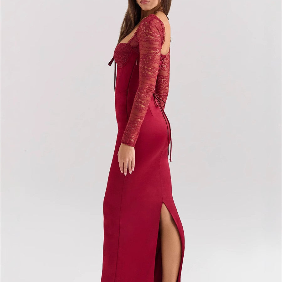 Red Wine Lace Stitching Tied Long Sleeves Dress