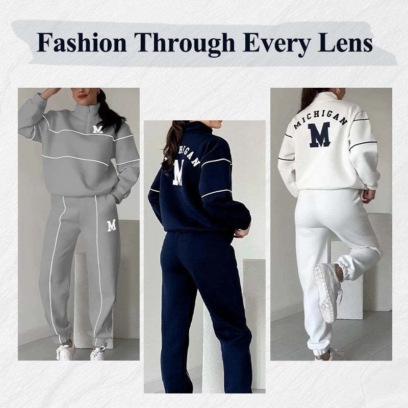 2 Piece Sweatsuit Outfit - Hoodless Pullover Sweatshirt and Baggy Fashion Sweatpants With Pockets