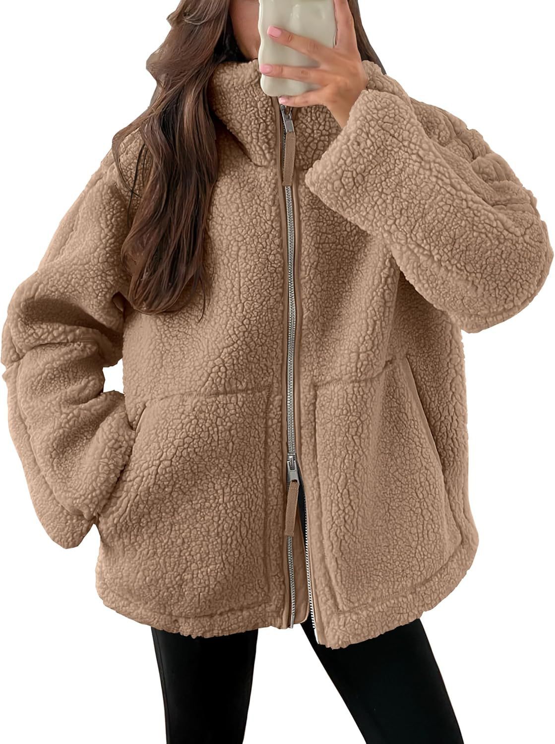 Solid Fleece Long-sleeve Winter Lapel Zip-up Coat With Pockets