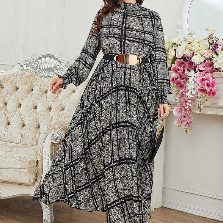 Large Simple Plaid Long Flowing Dress with Long Sleeves