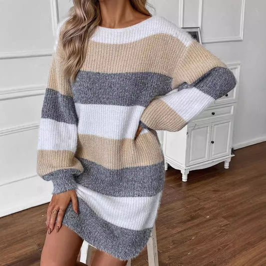 Versatile Contrast Color Striped Dress Sweater