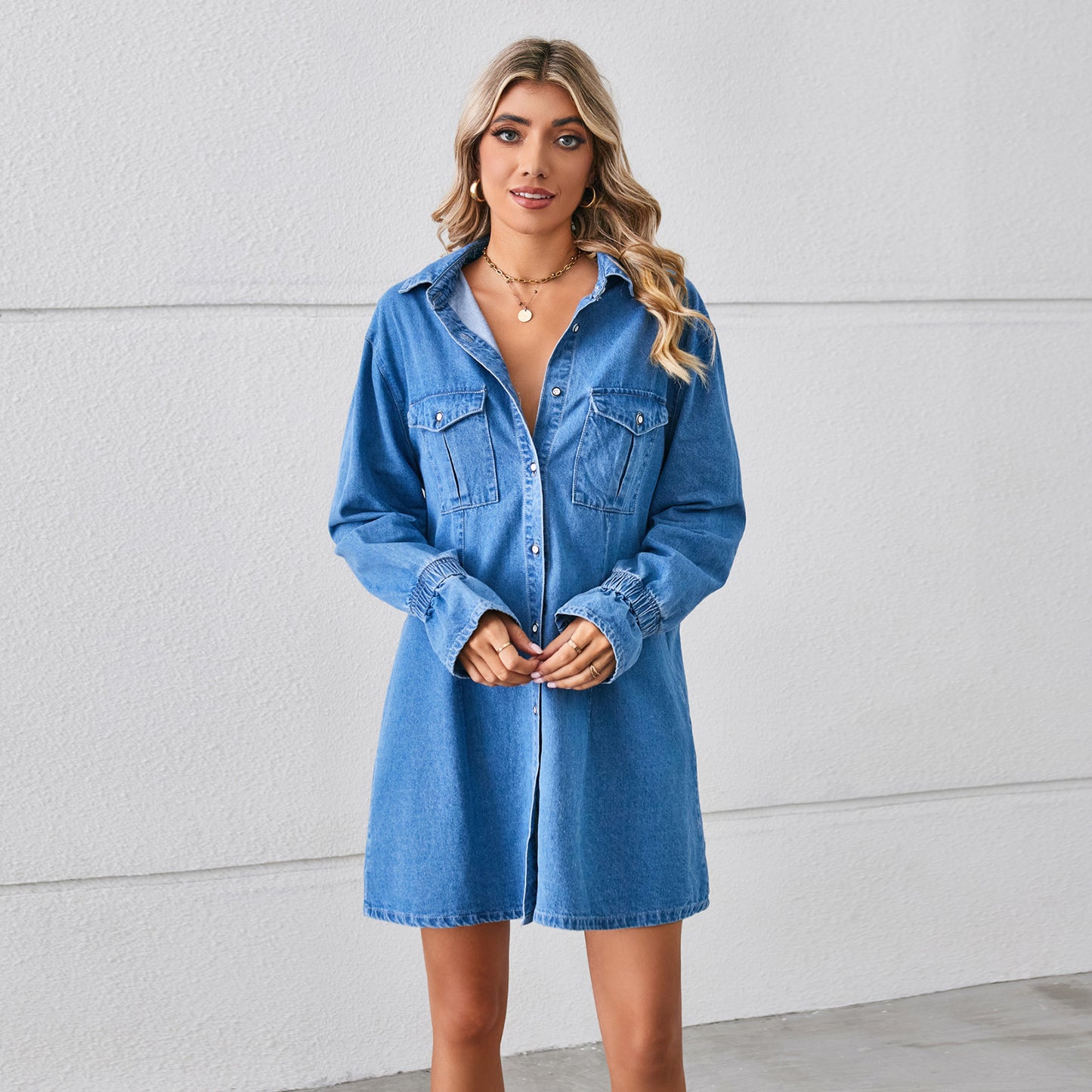 Loose Wash Denim Shirt Dress with long sleeves