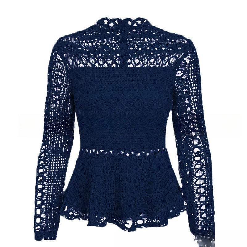 Crocheted Hollow Long Sleeve Lace Shirt