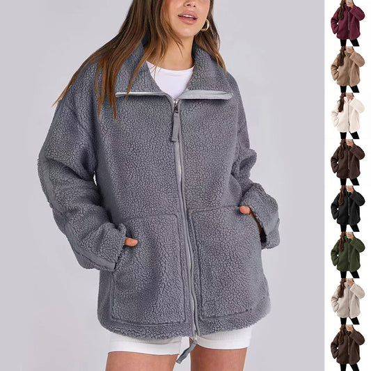 Solid Fleece Long-sleeve Winter Lapel Zip-up Coat With Pockets