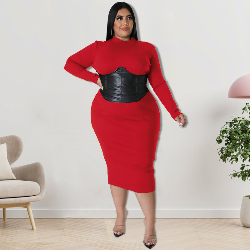 Long Sleeve Plus Size Women's Leather Zipper Dress