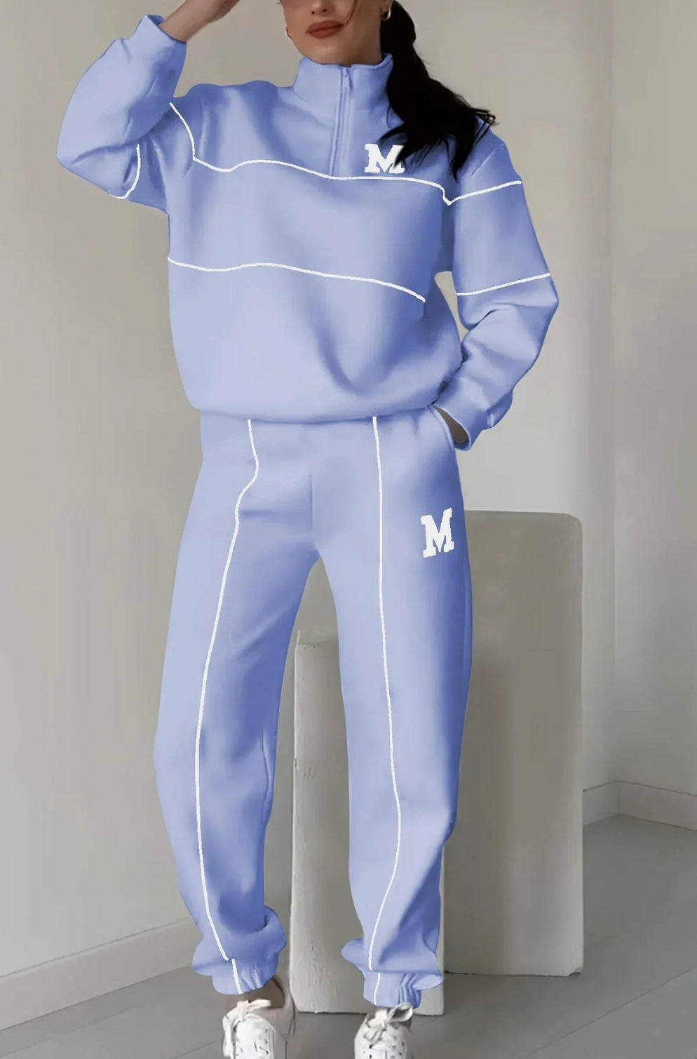 2 Piece Sweatsuit Outfit - Hoodless Pullover Sweatshirt and Baggy Fashion Sweatpants With Pockets