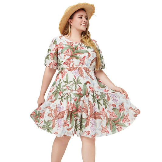 Women's Short Flounce Sleeve Floral Printed Chiffon Dress With Elastic Waist